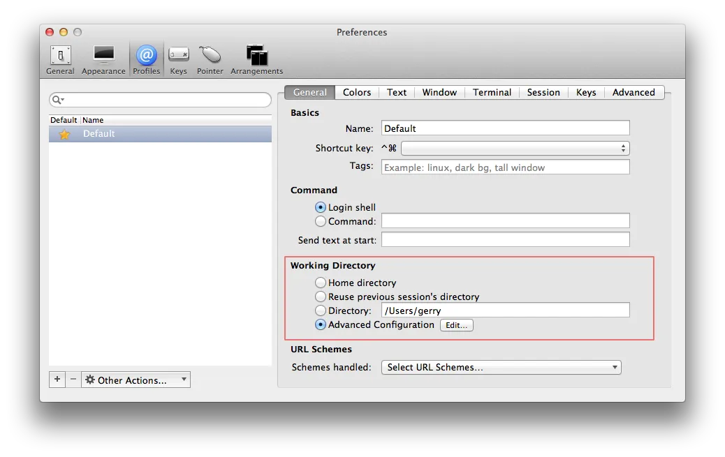 Using iterm2 settings to set a default directory