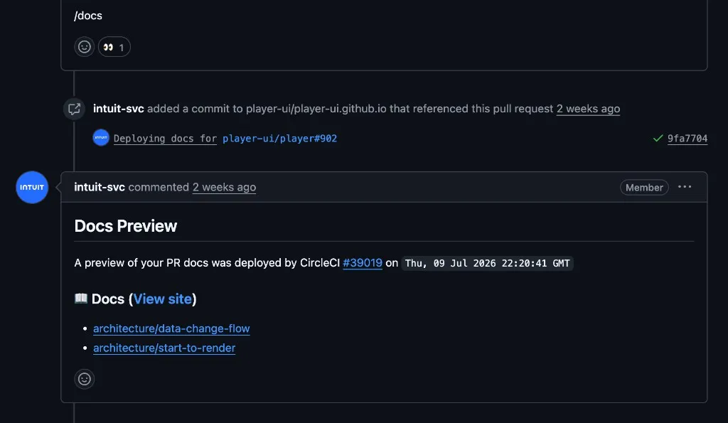 GitHub pull request comment titled Docs Preview with a deployed preview link and listed documentation pages