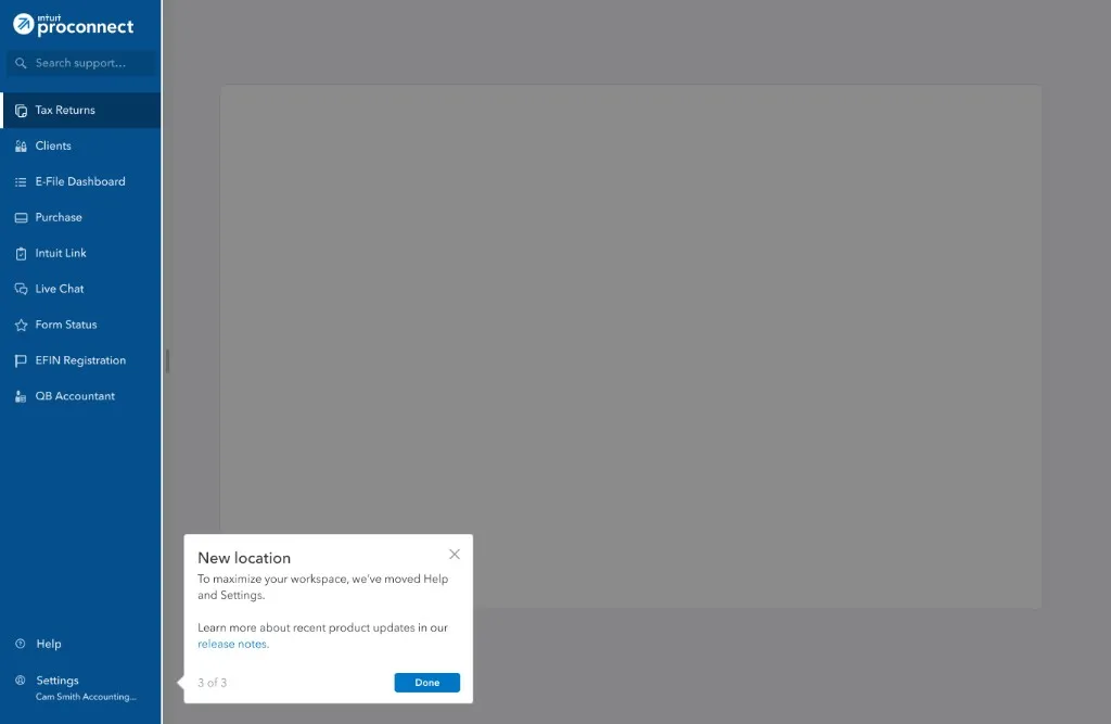 Coachmark highlighting Help and Settings in the left nav