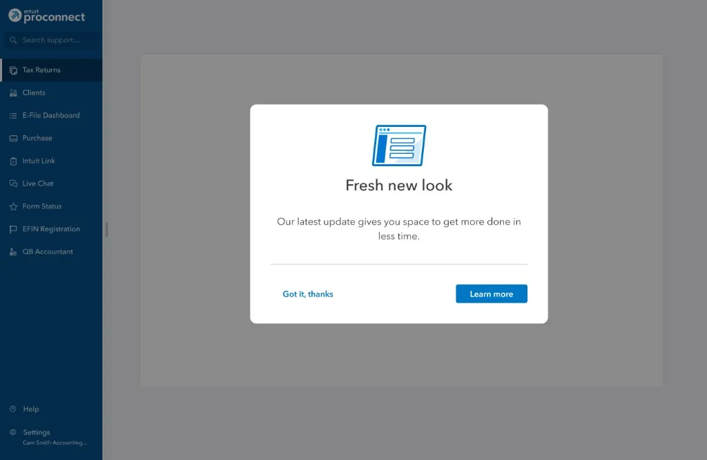ProConnect welcome modal introducing the refreshed layout