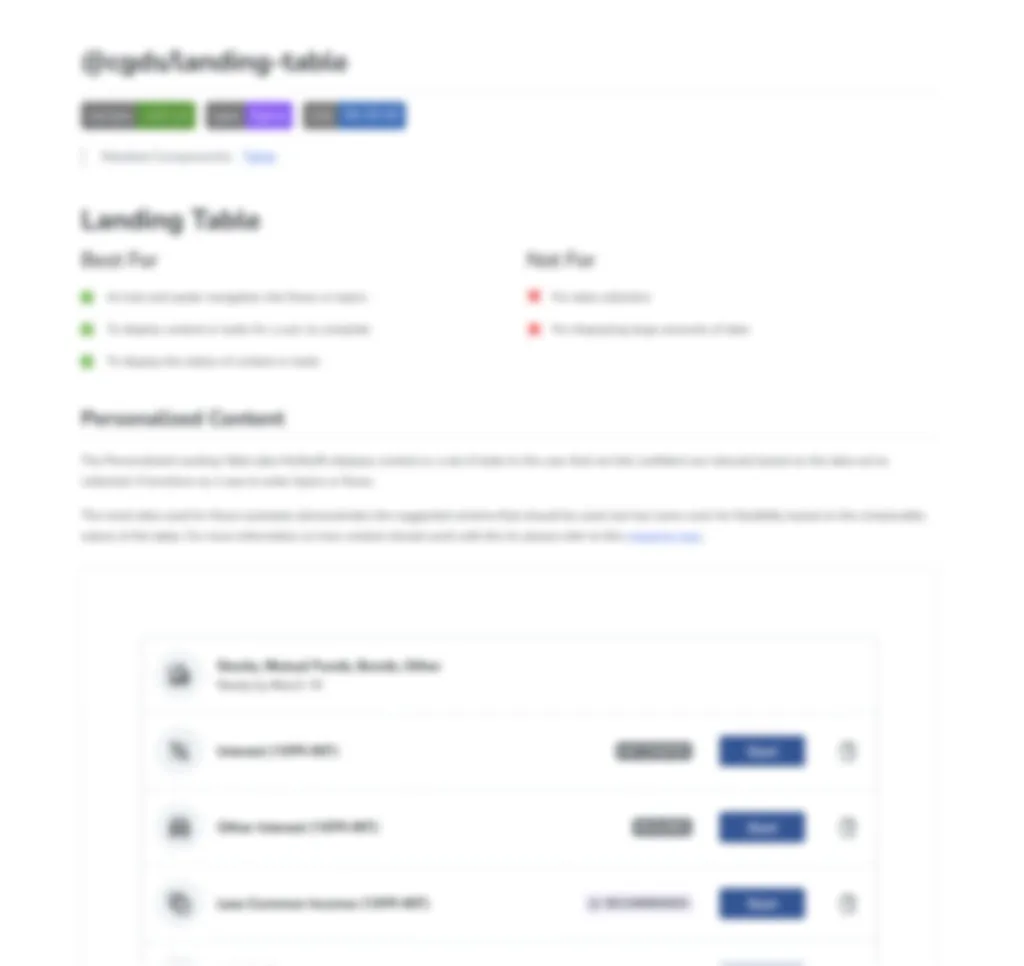 Storybook documentation for the personalized landing table entry point
