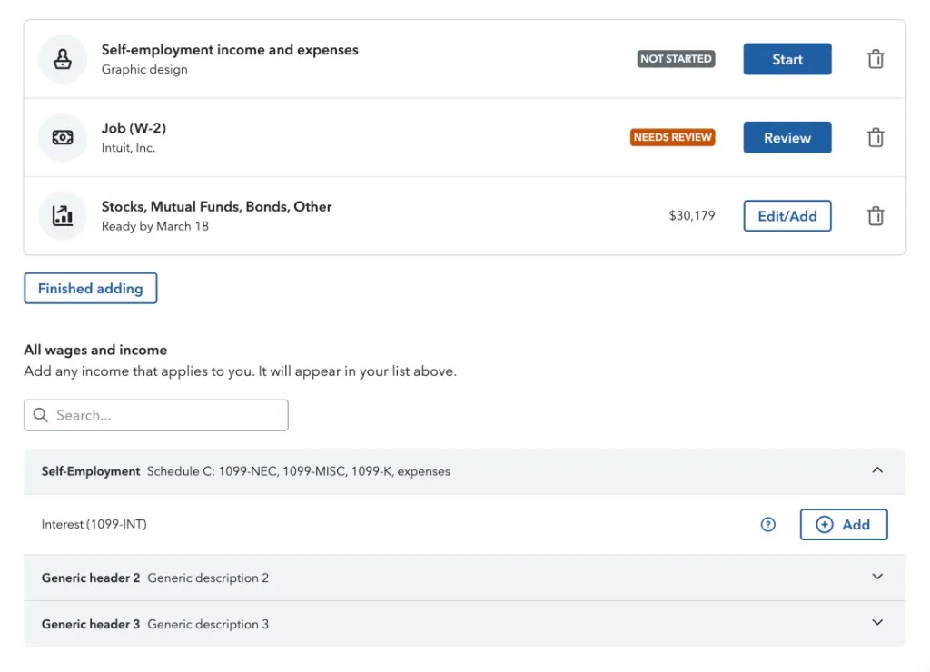 Wages and income landing table in production, with personalized task rows and a browse-to-add section with grouped accordions