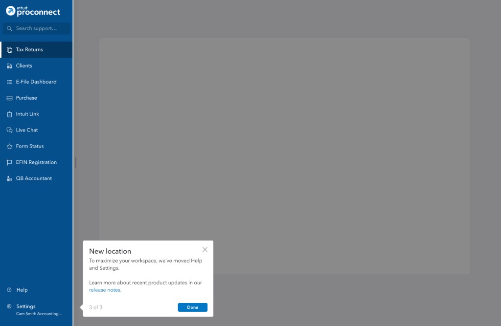 Coachmark highlighting Help and Settings in the left nav