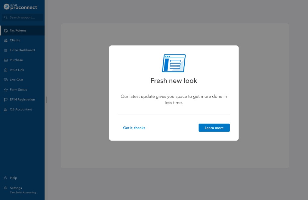 ProConnect welcome modal introducing the refreshed layout